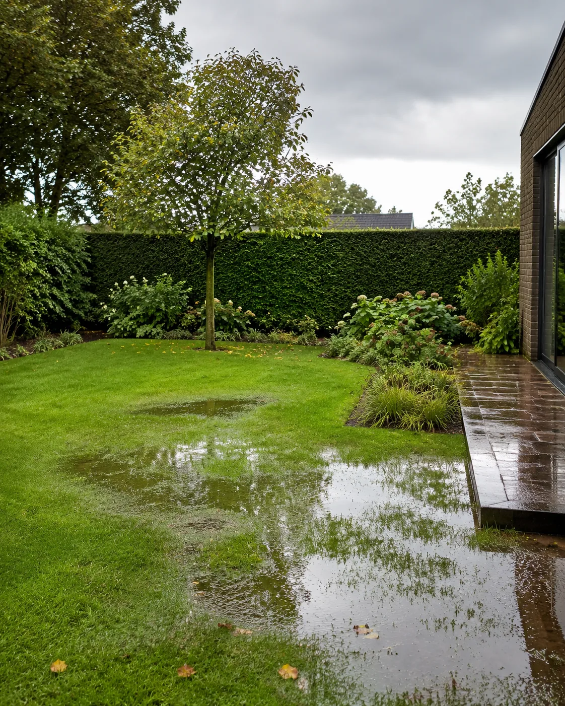 Tuin met een boom, hagen en regenwater op het gazon naast het terras