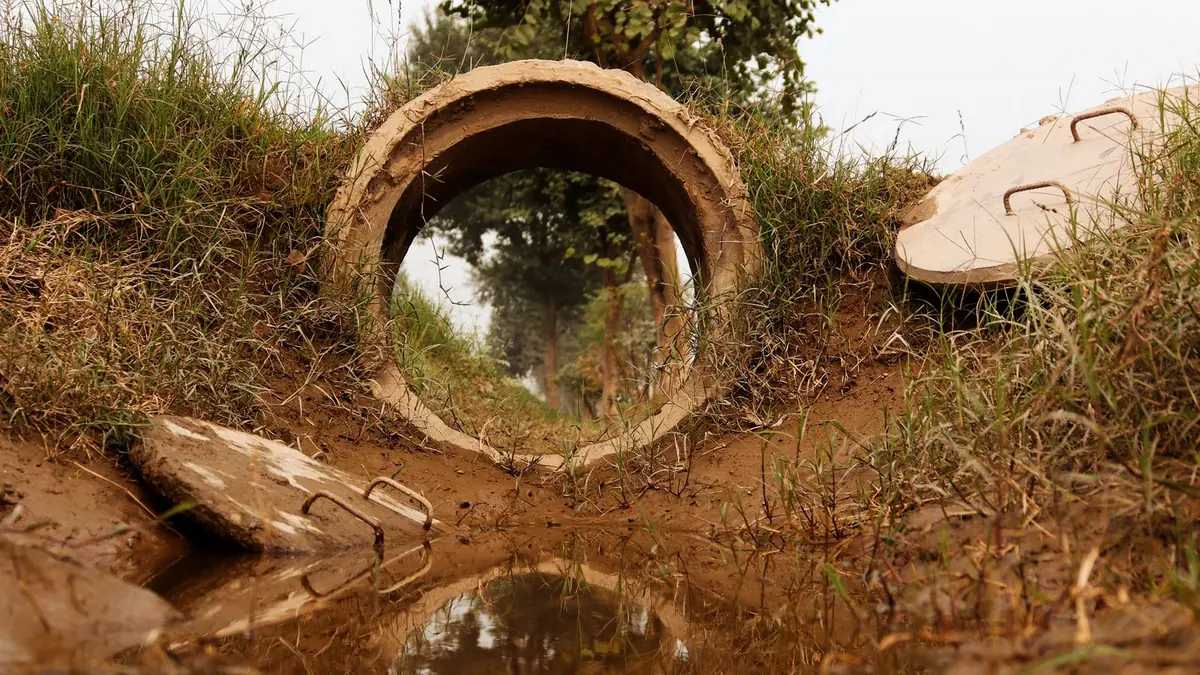 Afvoerbuis met stilstaand water en modder bij de uitloop